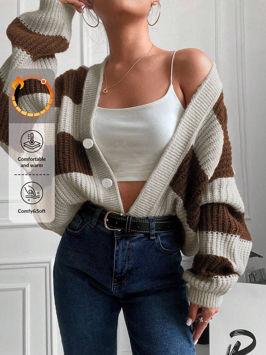 EURMUSE Women Contrast Color Striped Print Front Button Long Sleeve Cardigan - Coffee Brown - View 1