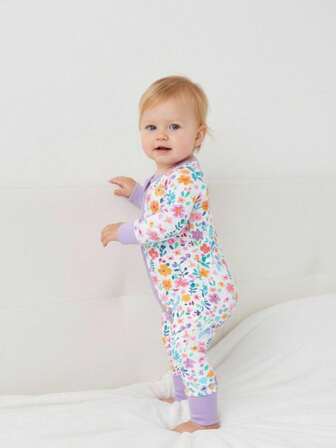 新生女孩彩色碎花双拉链连脚睡衣 可翻转脚