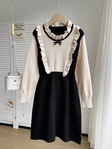 女童荷叶边下摆圆领长袖A字型毛衣连衣裙，适合假日、度假和日常休闲穿着。 - 黑色 - 查看 4