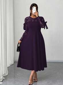 Elenzga 大码女士优雅蕾丝拼接连衣裙 - 紫色 - 查看 6