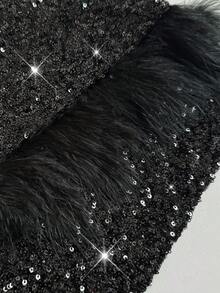 NU&NOW Plus Size Women's Two Pieces Set: A Satin Draped Collar Long-Sleeved Top Paired With A Feather Sequined Mini Skirt, Suitable For Occasions Such As New Year's, Banquets, Parties, And Wedding Guests. - Black - View 8