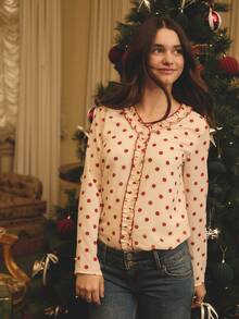 SHEIN Teen Girls' Fashionable Elegant Polka Dot Print Frill Trim Blouse - Apricot - View 7