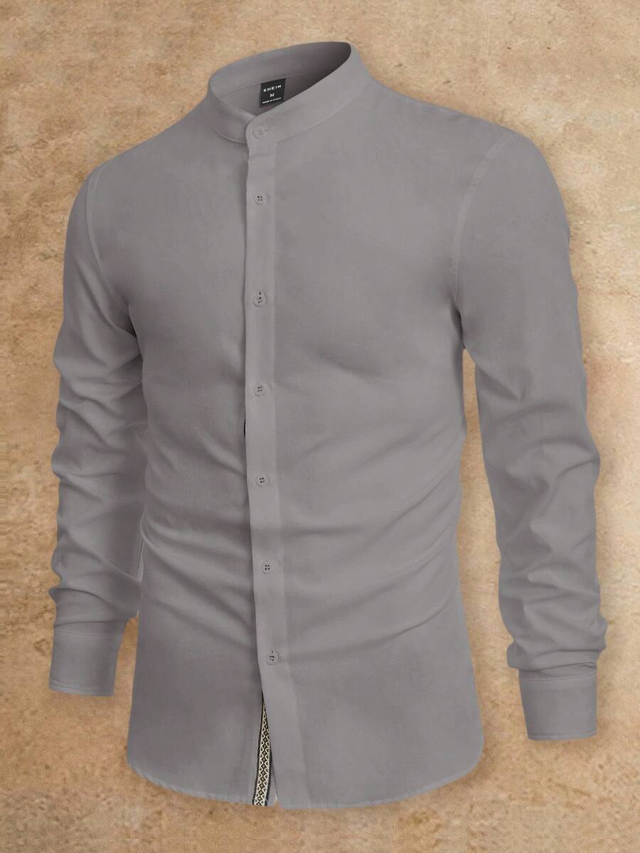 Manfinity NXTstreet 男士秋季立领纽扣长袖休闲梭织衬衫 - 淺灰色 - 查看 1