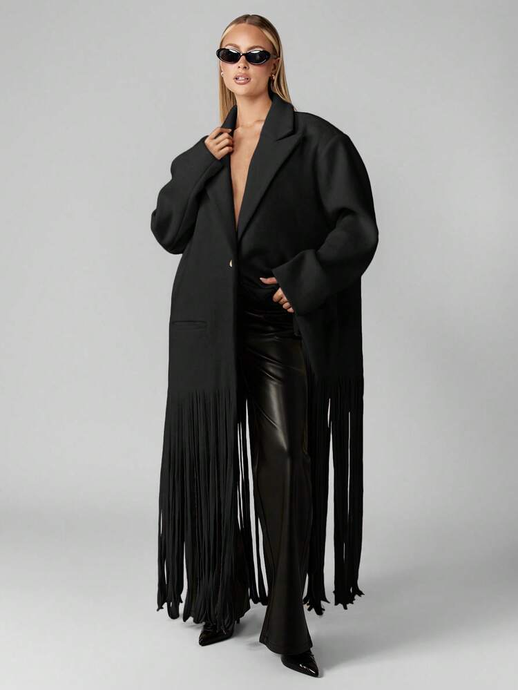 MISSGUIDED Oversized Shoulder Pad Tailored Coat With Fringe Detail Winter Fall Statement Outerwear Long Duster Jacket