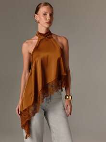 AiiRZ 露背缎面上衣，不对称蕾丝下摆细节，适合晚宴场合 - 鏽棕色 - 查看 4