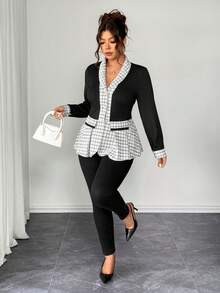 Elenzga 大码女式优雅拼接格子面料仿珍珠纽扣装饰不对称荷叶边下摆长袖衬衫 - 黑與白 - 查看 3