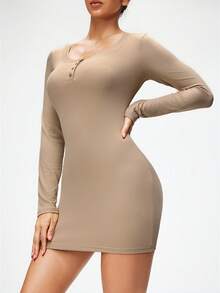 SHAPORA Women's Solid Color Minimalist Long Sleeve Nightgown, Everyday Wear, Winter - Apricot - View 4