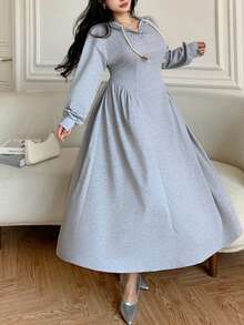 Modelyn 女士休闲连帽抽绳修身喇叭下摆灰色卫衣，秋冬款 - 灰色 - 查看 6