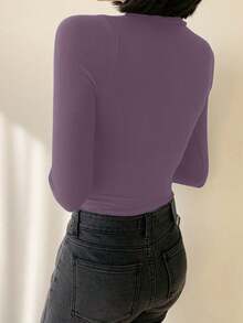 DAZY Women's Turtleneck Tight Fit Thermal Lining T-Shirt With Embroidery Pattern - Purple - View 2