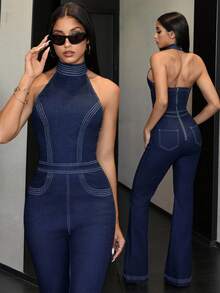 Jeanoix 女式 Y2K 时尚性感挂脖水洗喇叭牛仔连体裤