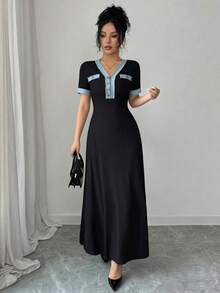 Rafferiza 女士优雅V领黑色针织蕾丝拼接长袖连衣裙 - 黑色 - 查看 3