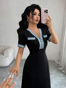 Rafferiza 女士优雅V领黑色针织蕾丝拼接长袖连衣裙 - 黑色 - 查看 4