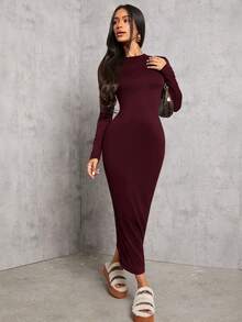 SHEIN PETITE 纯色褶腰黑色长袖连衣裙 - 中紫紅色 - 查看 4