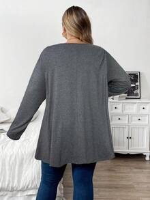 SHEIN CURVE+ 大码纯色休闲长袖T恤，秋季款 - 深灰色 - 查看 2