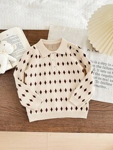 Blossori Young Boys Loose Fit Floral Knit Polo Neck Sweaters, Autumn/Winter - Apricot - View 7