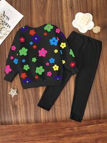 Conjunto de sudadera con estampado floral y leggings para niñas, conjunto de vestir casual y elegante para uso diario - Multicolor - Ver 2