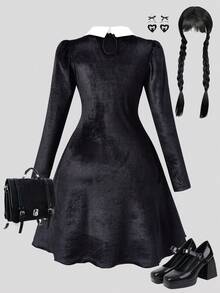 SHEIN Explorewe Tween Girl Casual Commuter School Style Color Block Gigot Sleeve Waist Cinched Dress, Autumn - Black - View 2