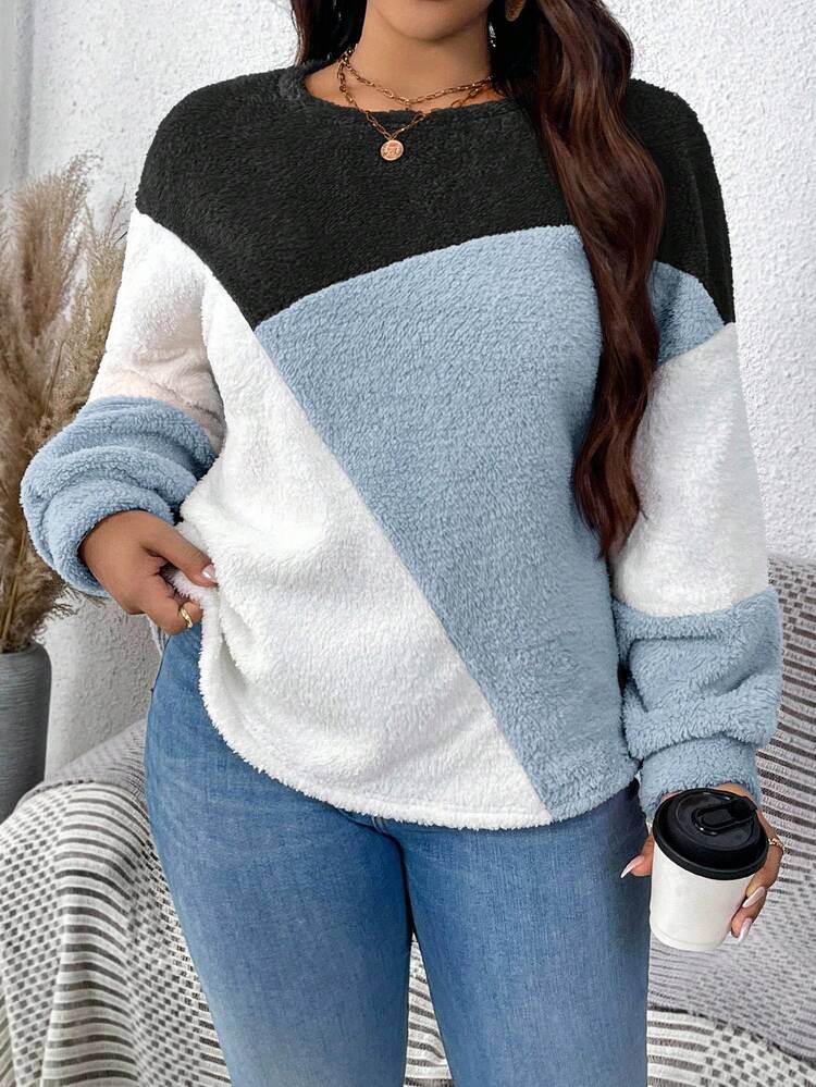 Plush Warm Color Block Crew Neck Plus Size Sweatshirt/Winter Women Long Sleeve Tops Winter Tops For Women Pullover For Women Women Sweater Blue Sweater
