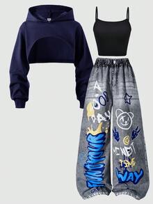 SHEIN ChillGRL بنطلون جينز مطبوع بطراز الشارع الفضفاض للفتيات المراهقات، توب كامي قصير، ملابس علوية شبكية مقنعة بأكمام طويلة، طقم ملابس مكون من 3 قطع، موضة