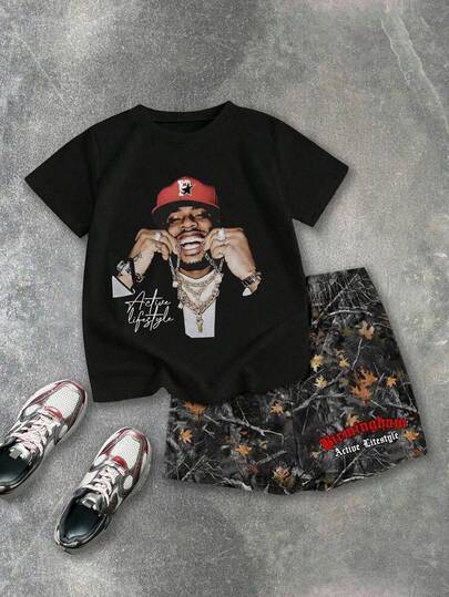 SHEIN Coolqubz Bộ 2 món áo thun tay ngắn in hình nhân vật dành cho bé trai tuổi mới lớn và quần short thường ngày