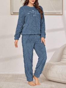 Letter Embroidery Jacquard Plush Women Lounge Set, Fluffy Winter Clothes Cozy Sets Women Pajamas Women 2 Piece Set Women Pajamas Set Comfy Pajamas Set - Blue - View 3