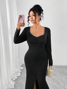 SHEIN PETITE CURVE 大码纯色简约日常珍珠装饰开衩下摆连衣裙 - 黑色 - 查看 6
