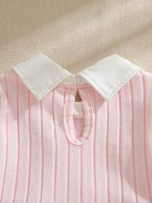 SHEIN 2pcs/Set Young Girl' Fashion Ribbed Patchwork White Long Sleeve Collared Shirt And Pink Ribbed Pants Outfit, Suitable For Casual Wear And Outings - Pink - View 9