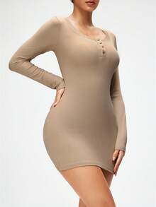 SHAPORA Women's Solid Color Minimalist Long Sleeve Nightgown, Everyday Wear, Winter - Apricot - View 3