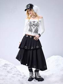 ROMWE Women's V-Neck Off Shoulder Gothic Virgin Mary Window Print Tight Long Sleeve T-Shirt - White - View 8