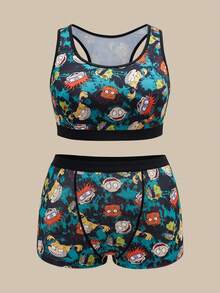 Nick 90s | SHEIN Conjunto de sujetador y pantie cuadrado con estampado total y ribete de contraste para mujer talla grande - Negro - Ver 5
