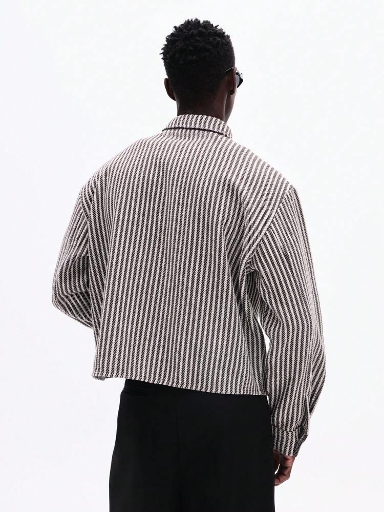 Boxy Fit Long Sleeve Textured Stripe Over Shirt
