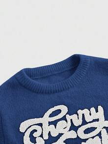 ROMWE Kawaii Cute & Innocent Collegiate Style Cherry Embroidered High Neck Lantern Sleeve Women Sweater - Blue - View 4