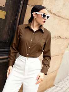 Seusyu Elegant Commuter Collared Pleated Long Sleeve Loose Blouse For Women, Spring/Autumn - Brown - View 11