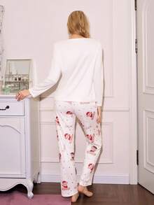 SweetSlumber 可爱舒适的休闲小熊印花女士睡衣套装，卡哇伊睡衣，女士可爱睡衣套装，女士睡衣，冬季服装 - 杏色 - 查看 2