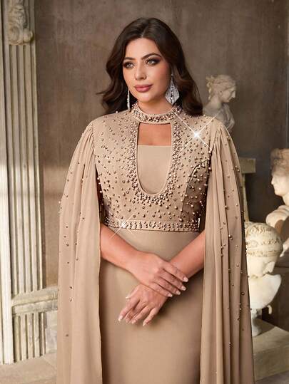 Aureia Plus Size Elegant Romantic Khaki High Collar Hollow Inlaid Pearl Rhinestone Decor Big Tail Lantern Sleeve Mermaid Hem Formal Gown (Heavily Embellished Design)