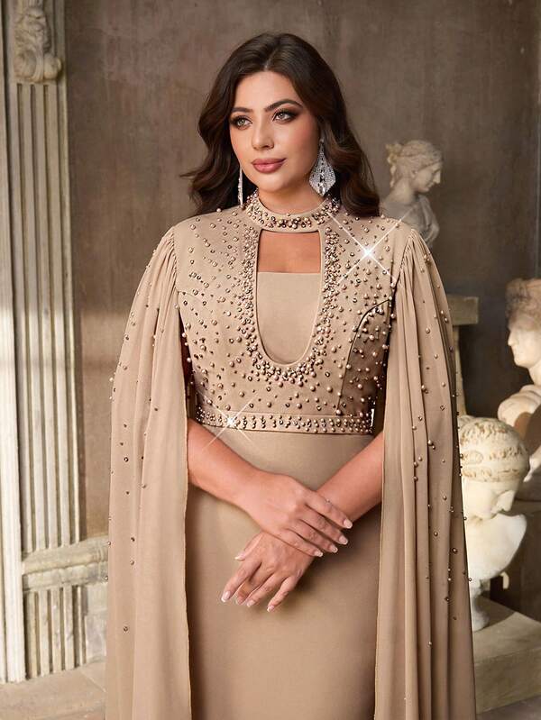 Aureia Plus Size Elegant Romantic Khaki High Collar Hollow Inlaid Pearl Rhinestone Decor Big Tail Lantern Sleeve Mermaid Hem Formal Gown (Heavily Embellished Design)