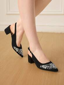CUCCOO HITCHD Women's Pointed Toe Sequin Design Buckle Closure Elegant High Heels - Black - View 4
