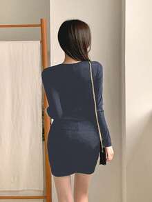 DAZY 女士优雅纯色长袖方领修身迷你连衣裙 - 藏蓝色 - 查看 4