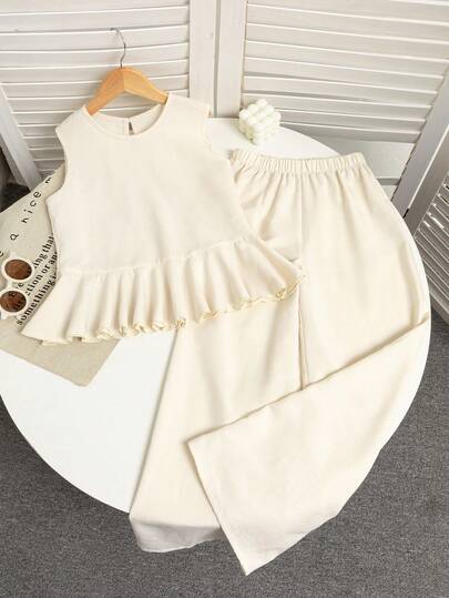 SHEIN Tween Girl Top + Straight Wide-Leg Pants, Solid Color, Simple And Versatile