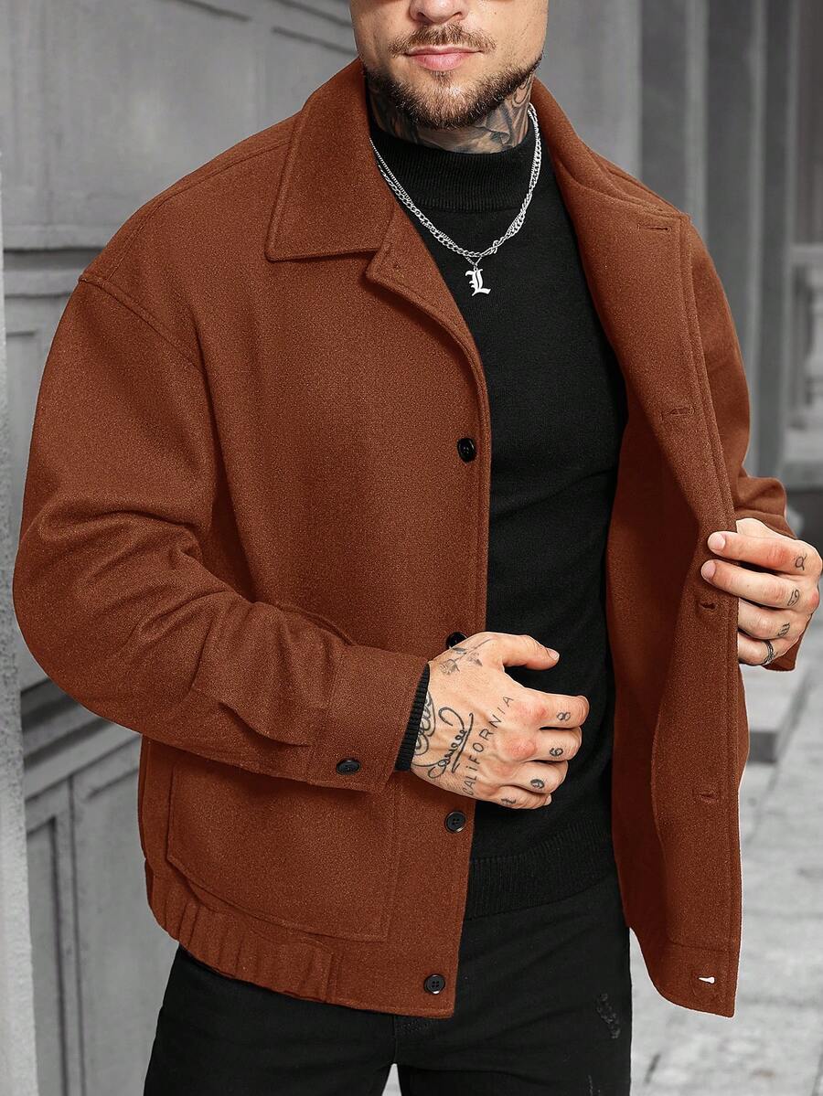 Manfinity Homme 男士純色單排扣休閒羊毛混紡夾克,秋冬男士外套,棕色襯衫夾克,休閒男裝夾克 - 鏽棕色 - 查看 1