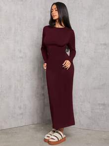 SHEIN PETITE 纯色褶腰黑色长袖连衣裙 - 中紫紅色 - 查看 6