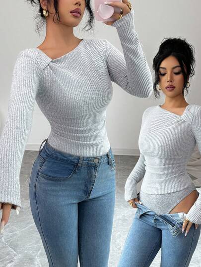 Rafferiza Suéter de punto con cuello oblicuo francés y pliegues, nuevo estilo de moda, body de mujer de unicolor de alta calidad y versátil, para otoño/invierno