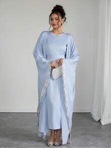 SHEIN Raffinéa Women's Winter Party Elegant Luxury Design Sequin Tassel Splice Long Sleeve Robe Jacket And Minimalist Round Neck Sleeveless Cinched Waist Waist Long Dress 2-Piece Set - Baby Blue - View 6