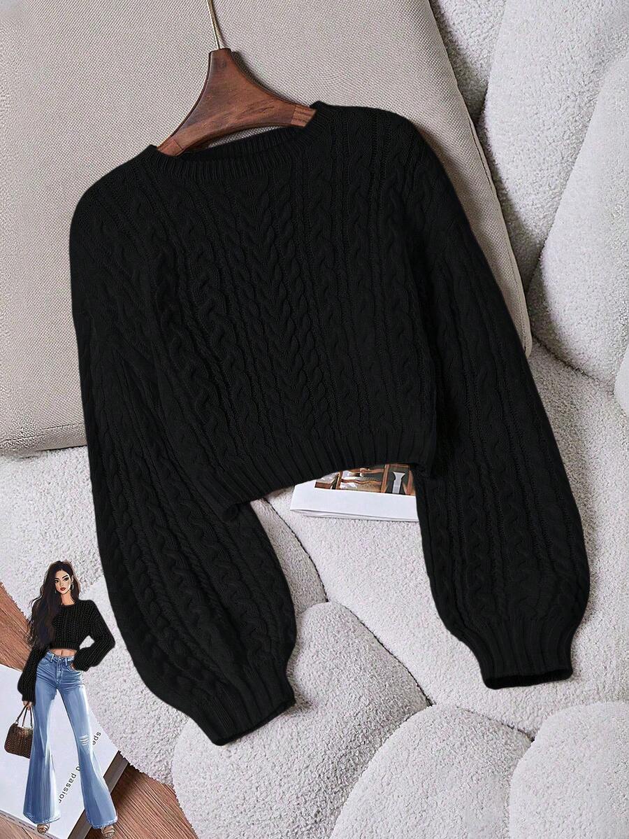 SHEIN Franclia Sweater Pullover Wanita Kasual Minimalis Serbaguna untuk Berpergian, Leher Bulat, Tali Putar, Lengan Lentera, Musim Gugur/Dingin - Hitam - View 1