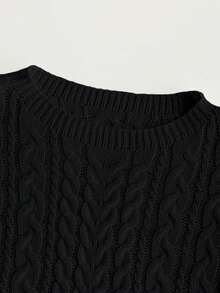 SHEIN Franclia Sweater Pullover Wanita Kasual Minimalis Serbaguna untuk Berpergian, Leher Bulat, Tali Putar, Lengan Lentera, Musim Gugur/Dingin - Hitam - View 4