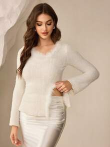 Modelyn 女士优雅V领羊毛混纺拼接毛领修身下摆开衩杏色T恤，秋冬款 - 杏色 - 查看 5