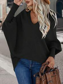 SHEIN PETITE Suéter holgado de mujer de unicolor con cuello en V y mangas de murciélago, para otoño/invierno - Negro - Ver 7