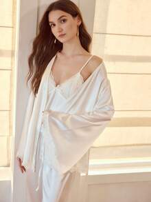 MOTF PREMIUM SATIN CONTRAST LACE BELTED ROBE & PANTS LOUNGE SET - Royal Blue - View 4