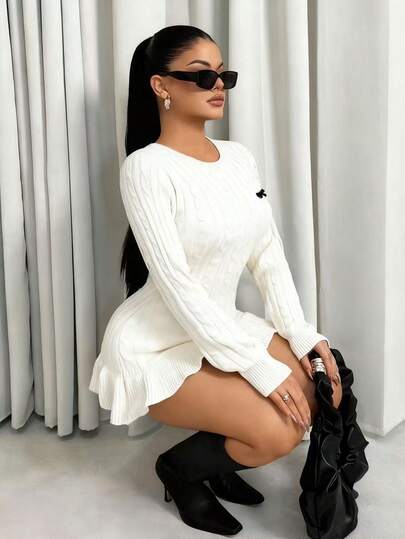 Sirith Vestido de suéter para mujer, de longitud corta, de manga larga y cuello redondo, de punto trenzado gris, ajustado con volantes en el bajo y falda plisada, vestido de suéter estilo vintage minimalista y sexy de estilo universitario