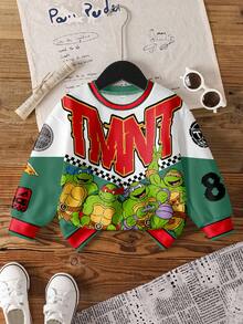 TEENAGE MUTANT NINJA TURTLES | SHEIN Young Boy Casual Fashionable Street Cartoon Turtle & Letter Print Fleece Pullover Sweatshirt, Autumn/Winter - White - View 1